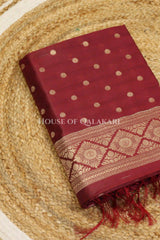 Banarasi Cotton Silk blend Unstitched Dress Material in Maroon Oak and with gol buti( Polka dots) inspired work – kurta