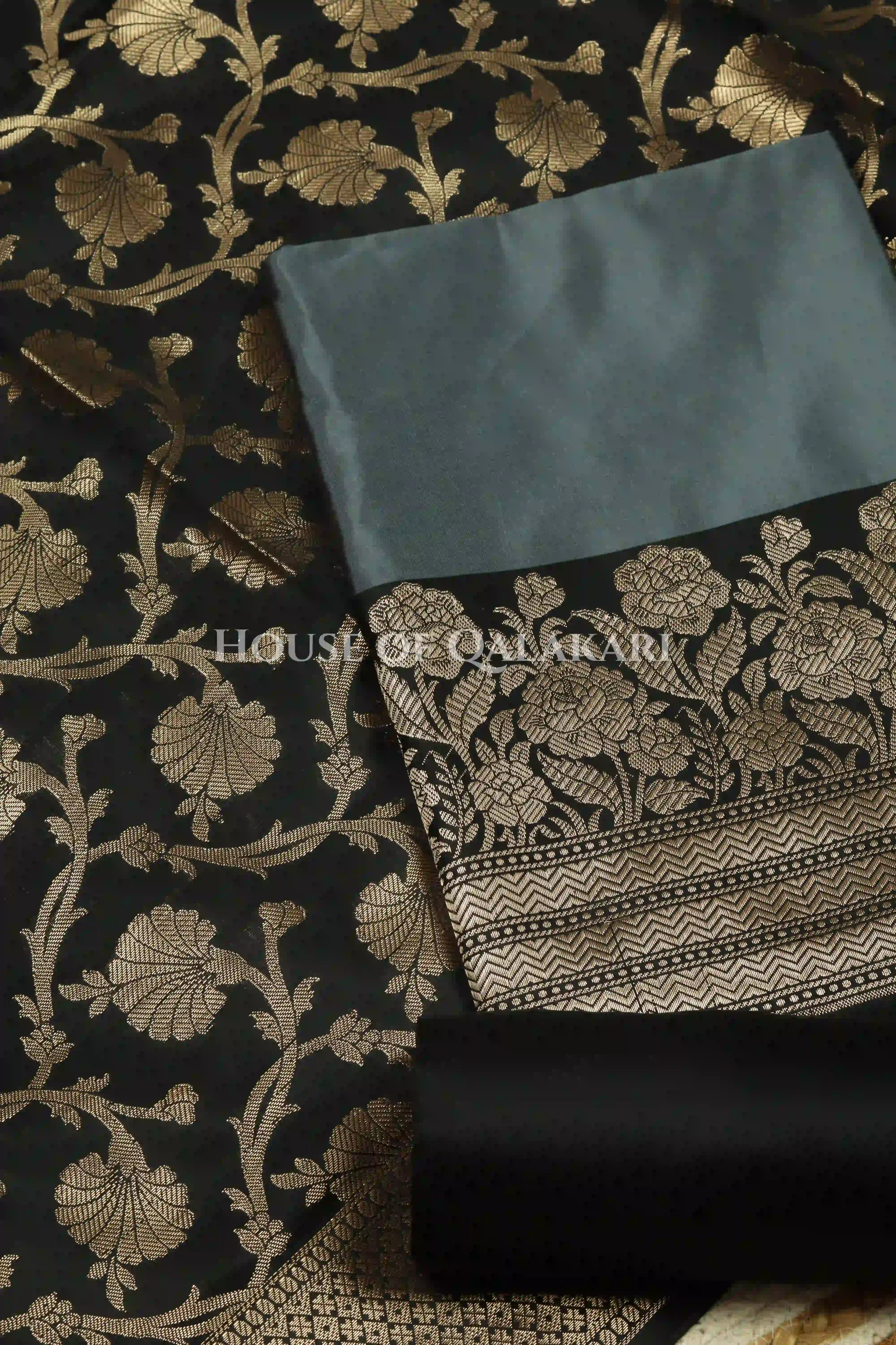 Banarasi silk Unstitched Dress Material in grey and black contrast with Intricate Zari Buti – product