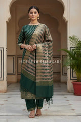 Banarasi Cotton Silk blend Unstitched Dress Material in Bottle Green and with Bandhani-Leheriya inspired work – front pose