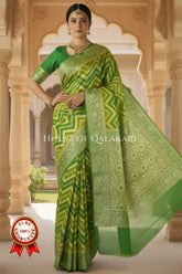 Khaddi Banarasi Saree in Green tones with zig-zag chevron wave
