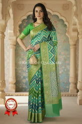 Khaddi Banarasi Saree in Green-turquoise blue tones with zig-zag chevron wave