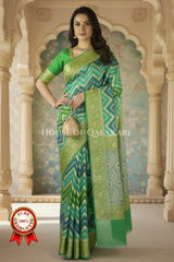 Khaddi Banarasi Saree in Green-turquoise blue tones with zig-zag chevron wave