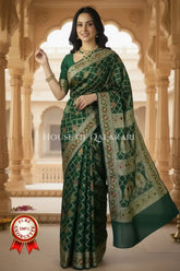 Khaddi Banarasi Saree in Dark Green with all over jaal