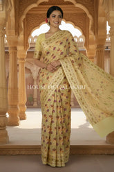 Khaddi Banarasi Saree in Yellow with all over floral jaal butis