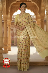 Khaddi Banarasi Saree in Yellow with all over floral jaal butis