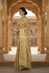 Khaddi Banarasi Saree in Yellow with all over floral jaal butis
