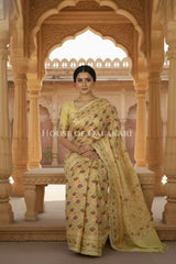Khaddi Banarasi Saree in Yellow with all over floral jaal butis
