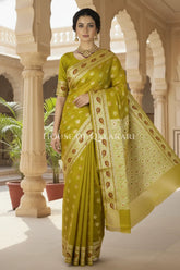 Khaddi Banarasi Saree in Olive Green with all over buti