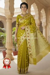 Khaddi Banarasi Saree in Olive Green with all over buti