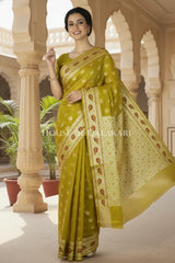 Khaddi Banarasi Saree in Olive Green with all over buti