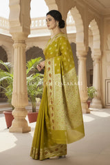 Khaddi Banarasi Saree in Olive Green with all over buti