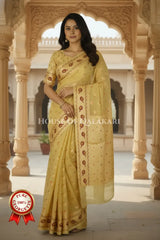 Khaddi Banarasi Saree in light yellow with all over buti
