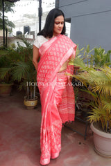 Pure Hand Block Printed Linen Cotton Saree Floral buti body design-Coral Pink