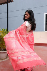 Pure Hand Block Printed Linen Cotton Saree Floral buti body design-Coral Pink
