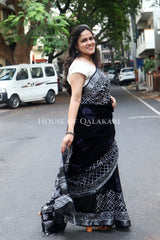 Pure Hand Block Printed Linen Cotton Saree Geometric lattice body and floral motif design - Black