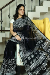 Pure Hand Block Printed Linen Cotton Saree Geometric lattice body and floral motif design - Black
