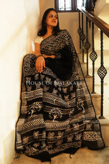 Pure Hand Block Printed Linen Cotton Saree Geometric lattice body and floral motif design - Black