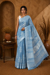 Pure Hand Block Printed Linen Cotton Saree – Floral buti body and Paisley vine design - Sky Blue