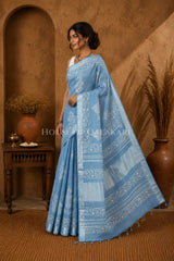 Pure Hand Block Printed Linen Cotton Saree – Floral buti body and Paisley vine design - Sky Blue
