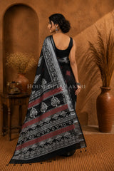 Pure Hand Block Printed Linen Cotton Saree – Rust red and ivory floral butis - Black
