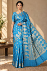 Banarasi Blue Raw Mango Silk Saree with Floral Butis & Paisley Zari Pallu