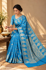 Banarasi Blue Raw Mango Silk Saree with Floral Butis & Paisley Zari Pallu