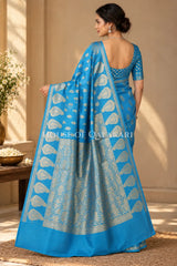Banarasi Blue Raw Mango Silk Saree with Floral Butis & Paisley Zari Pallu