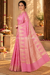 Banarasi Pink Raw Mango Silk Saree with Floral Butis & Paisley Zari Pallu