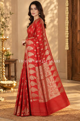 Banarasi Red Raw Mango Silk Saree with Floral Butis & Paisley Zari Pallu
