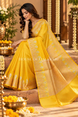 Banarasi Raw Mango Silk Saree in Yellow with Plain Body & Floral Zari Border & Pallu