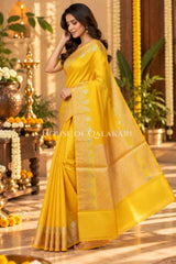 Banarasi Raw Mango Silk Saree in Yellow with Plain Body & Floral Zari Border & Pallu