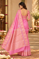 Banarasi Raw Mango Silk Saree in Soft Pink with Plain Body & Floral Zari Border & Pallu
