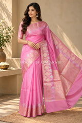 Banarasi Raw Mango Silk Saree in Soft Pink with Plain Body & Floral Zari Border & Pallu