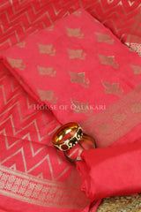 Munga Pure Silk Zari Floral Buti Unstitched Dress Material-Coral Pink