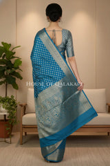 Blue Monga Pure Silk Banarasi Saree with Zari floral Motifs