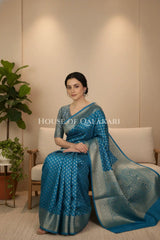 Blue Monga Pure Silk Banarasi Saree with Zari floral Motifs