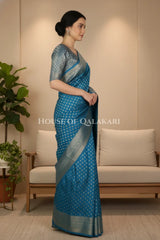 Blue Monga Pure Silk Banarasi Saree with Zari floral Motifs