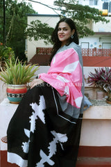 Peach & Black Bagru Mulmul Cotton Saree with Off-White Floral Buti Prints