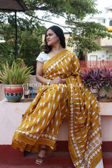 Mustard Bagru Mulmul cotton Saree with Off-White Prints
