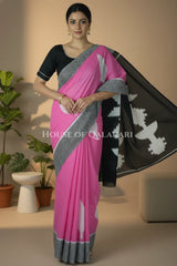 Pink & Black Bagru Mulmul Cotton Saree with Off-White Floral Buti Prints