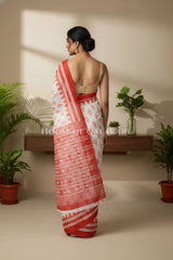 Off-White & Orange Bagru Mulmul Cotton Saree with Traditional Motifs