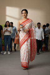 Off-White & Orange Bagru Mulmul Cotton Saree with Traditional Motifs