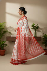 Off-White & Orange Bagru Mulmul Cotton Saree with Traditional Motifs