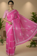 Pink Bagru Mulmul Cotton Saree with Off-White Ethnic Buti Print
