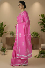 Pink Bagru Mulmul Cotton Saree with Off-White Ethnic Buti Print