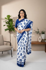 White & Blue Bagru Mulmul Cotton Saree with Floral Motifs