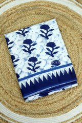 White & Blue Bagru Mulmul Cotton Saree with Floral Motifs