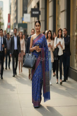 Royal Blue Banarasi Cotton Patola Saree with Floral geometric woven butis