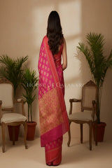 Pink Banarasi Cotton Patola Saree with Floral geometric woven butis