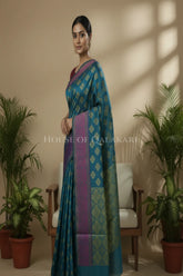 Peacock Blue Banarasi Cotton Patola Saree with Floral geometric woven butis